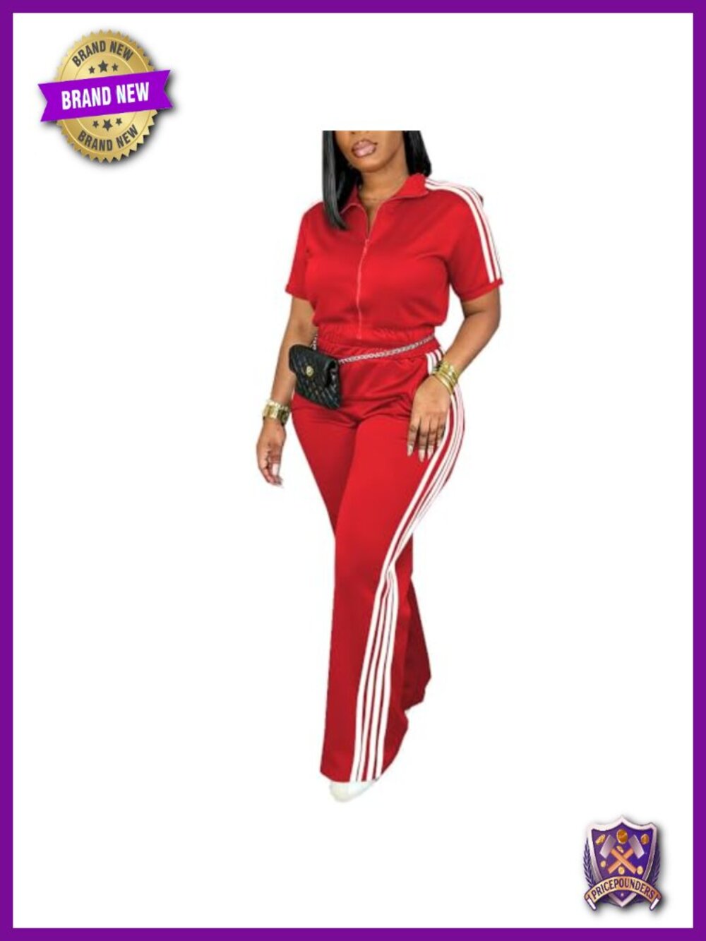 Women's 2 Piece Tracksuit Set Zip Polo Top Flare Pants Side Stripe Athleisure